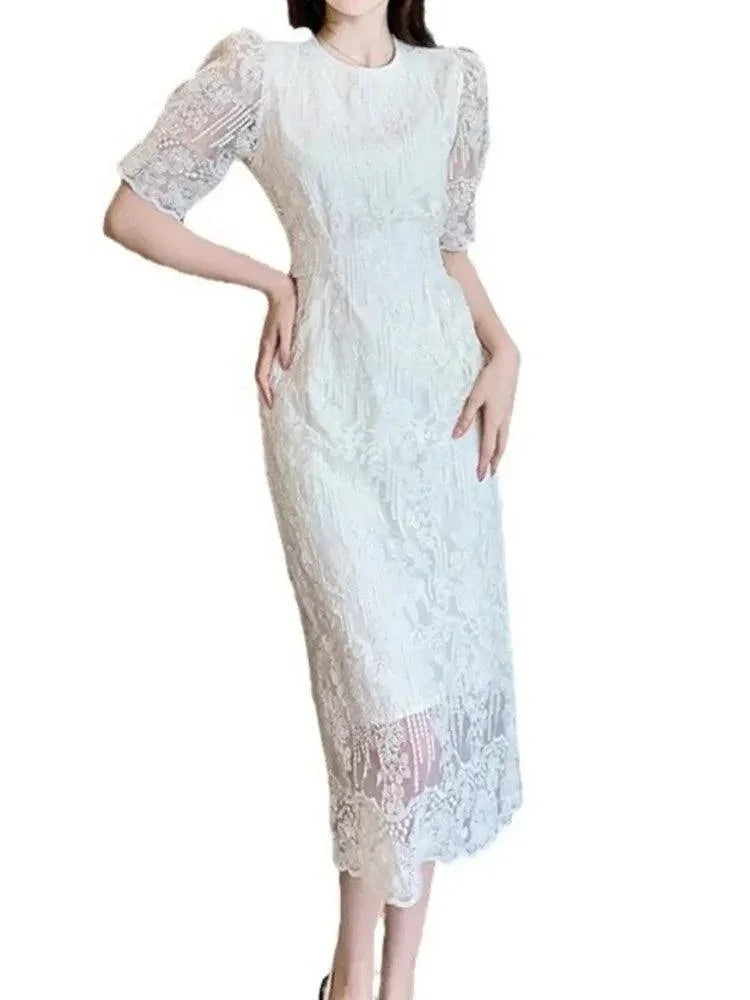 White O-Neck Lace Bubble Sleeve Dress -Guocali