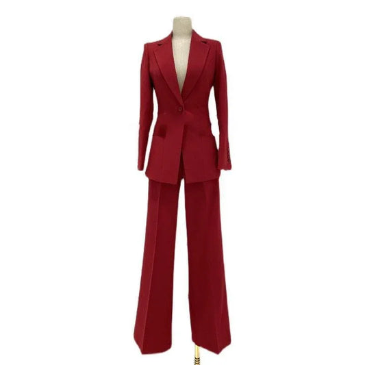 Red wide leg women's business pantsuit displayed on mannequin