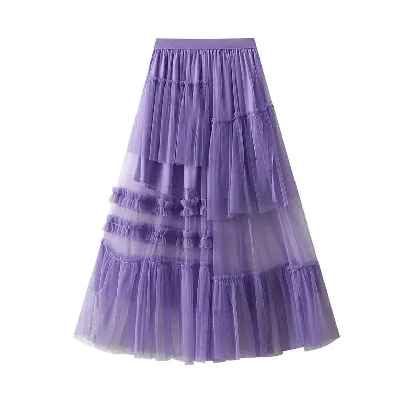 Women A-Line Skirt Asymmetric Mesh - High Waist Midi Women Skirt