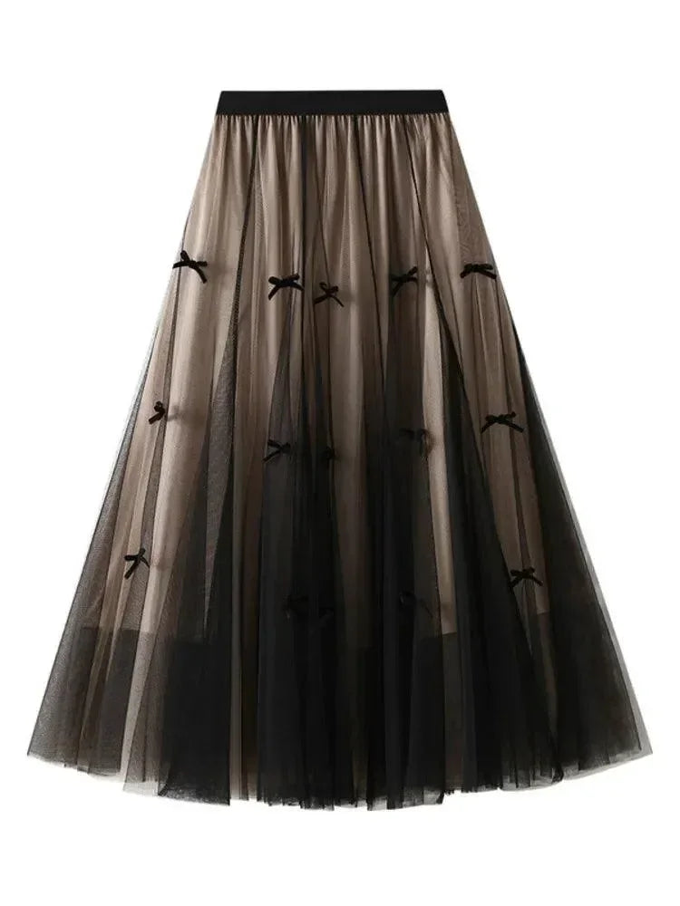 Women A-Line Skirt Bow Mesh - Elastic Midi Women Skirt