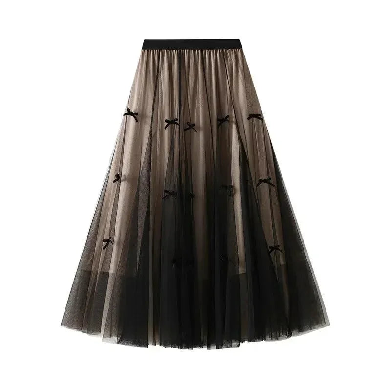 Women A-Line Skirt Bow Mesh - Elastic Midi Women Skirt