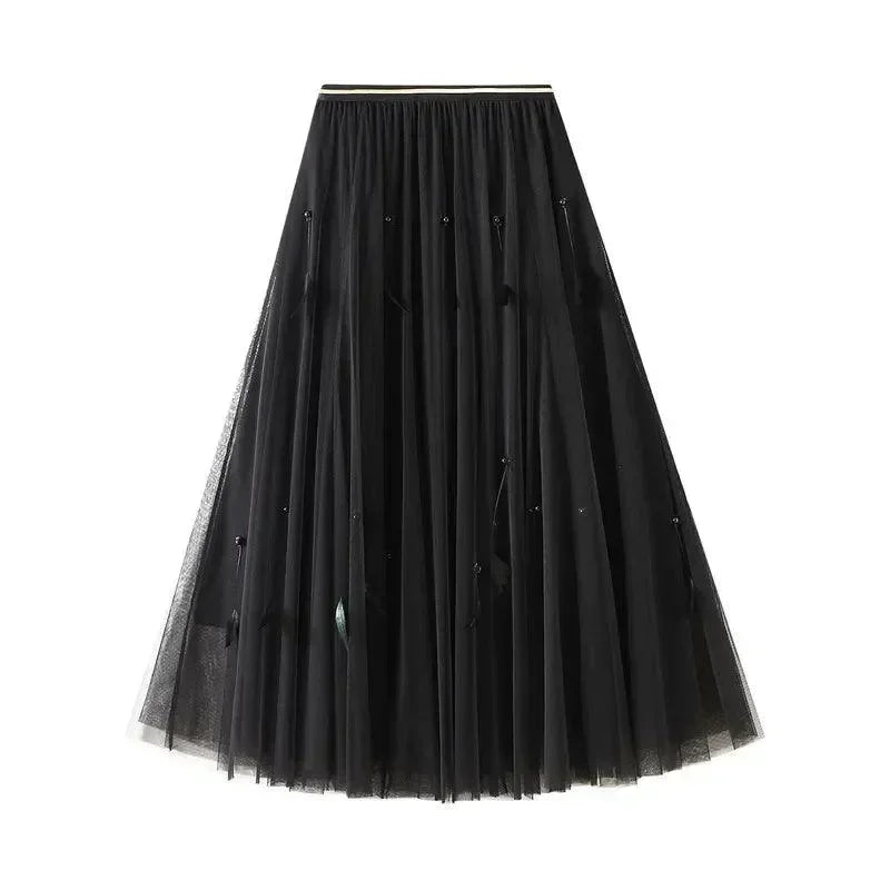 Women A-Line Skirt Feather Detail - High Waist Midi Women Skirt