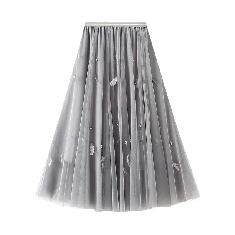 Women A-Line Skirt Feather Detail - High Waist Midi Women Skirt