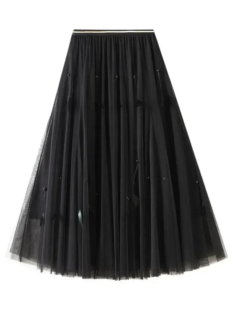 Women A-Line Skirt Feather Detail - High Waist Midi Women Skirt