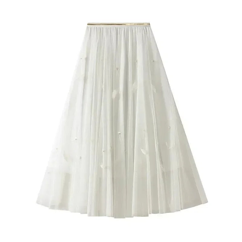 Women A-Line Skirt Feather Detail - High Waist Midi Women Skirt