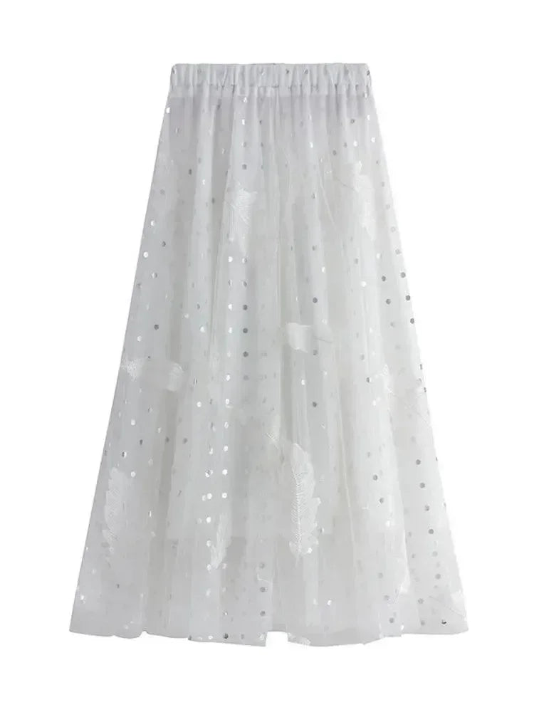 Women A-Line Skirt Feather Embroidery - High Waist Midi Women Skirt