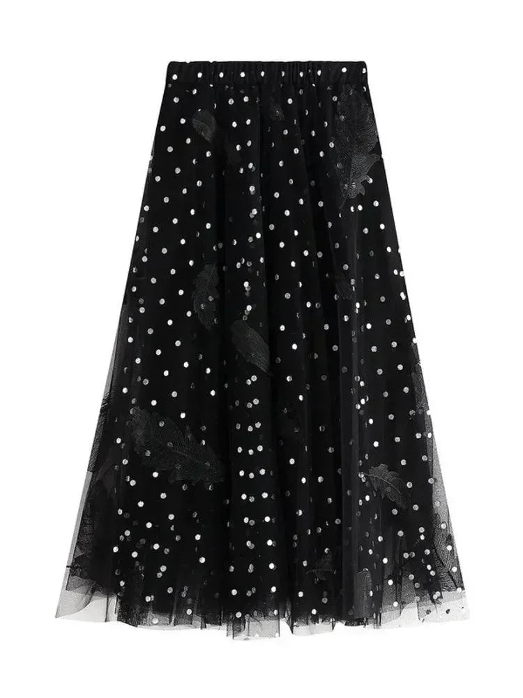 Women A-Line Skirt Feather Embroidery - High Waist Midi Women Skirt