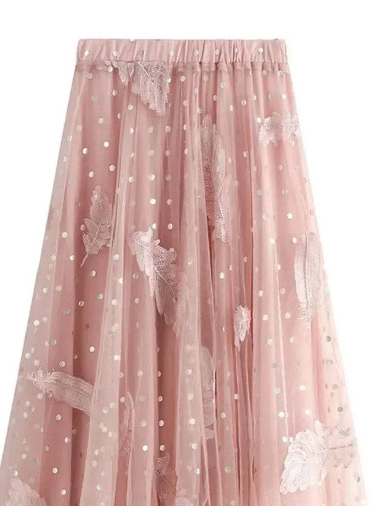 Women A-Line Skirt Feather Embroidery - High Waist Midi Women Skirt