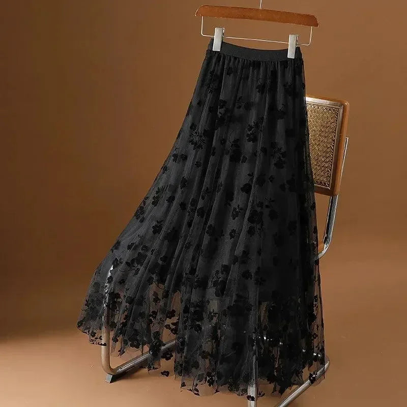 Women A-Line Skirt Mesh Embroidered - High Waist Maxi Women Skirt