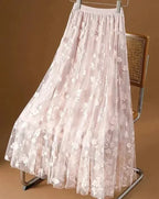 Women A-Line Skirt Mesh Embroidered - High Waist Maxi Women Skirt