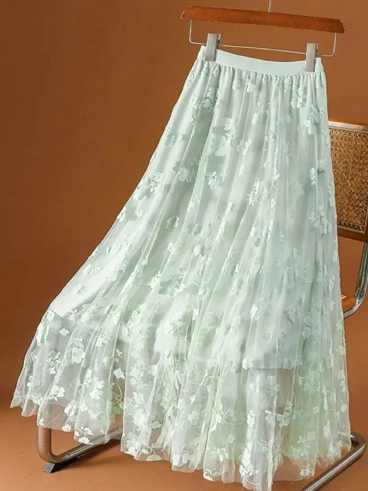 Women A-Line Skirt Mesh Embroidered - High Waist Maxi Women Skirt