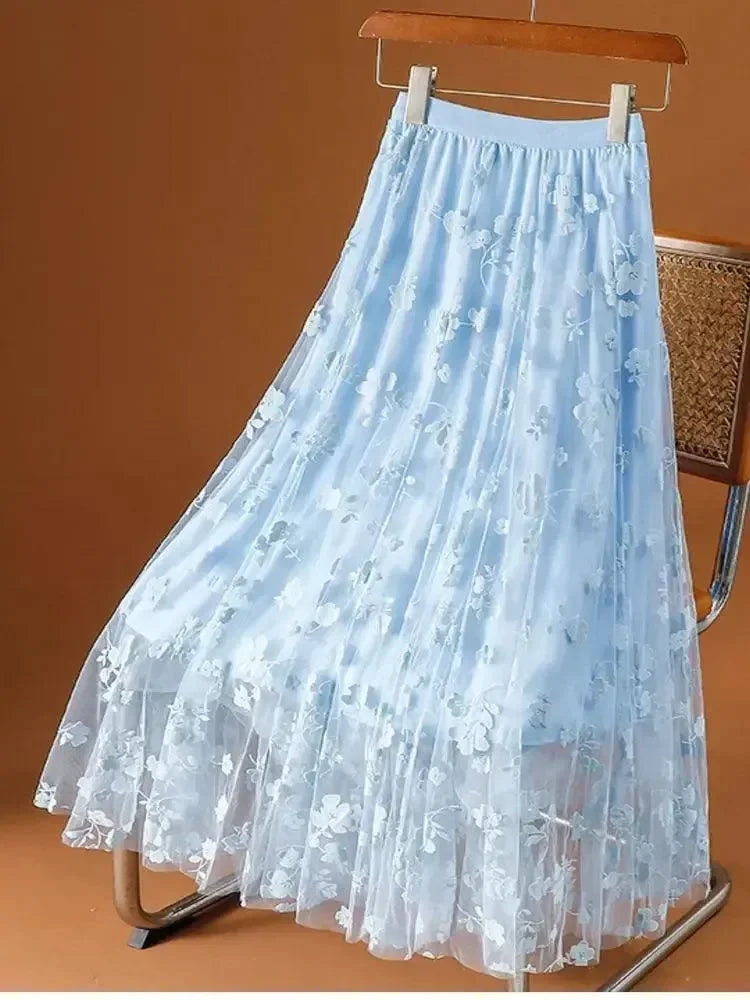 Women A-Line Skirt Mesh Embroidered - High Waist Maxi Women Skirt
