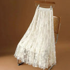 Women A-Line Skirt Mesh Embroidered - High Waist Maxi Women Skirt