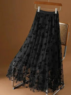 Women A-Line Skirt Mesh Embroidered - High Waist Maxi Women Skirt