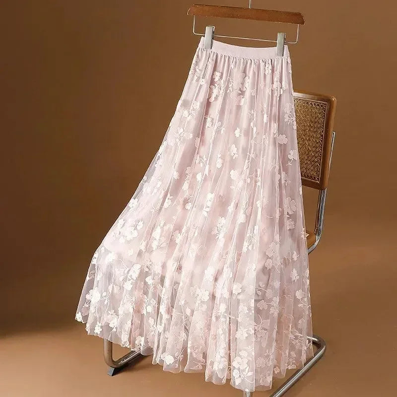 Women A-Line Skirt Mesh Embroidered - High Waist Maxi Women Skirt