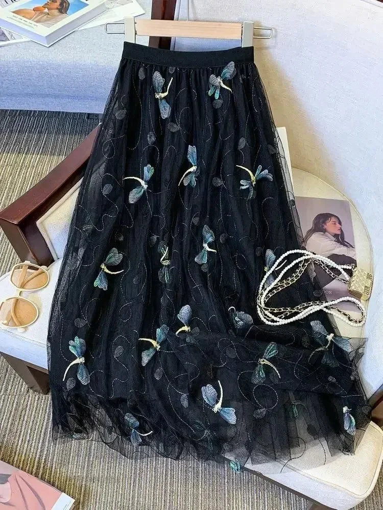 Women A-Line Skirt Mesh Embroidered - High Waist Midi Women Skirt