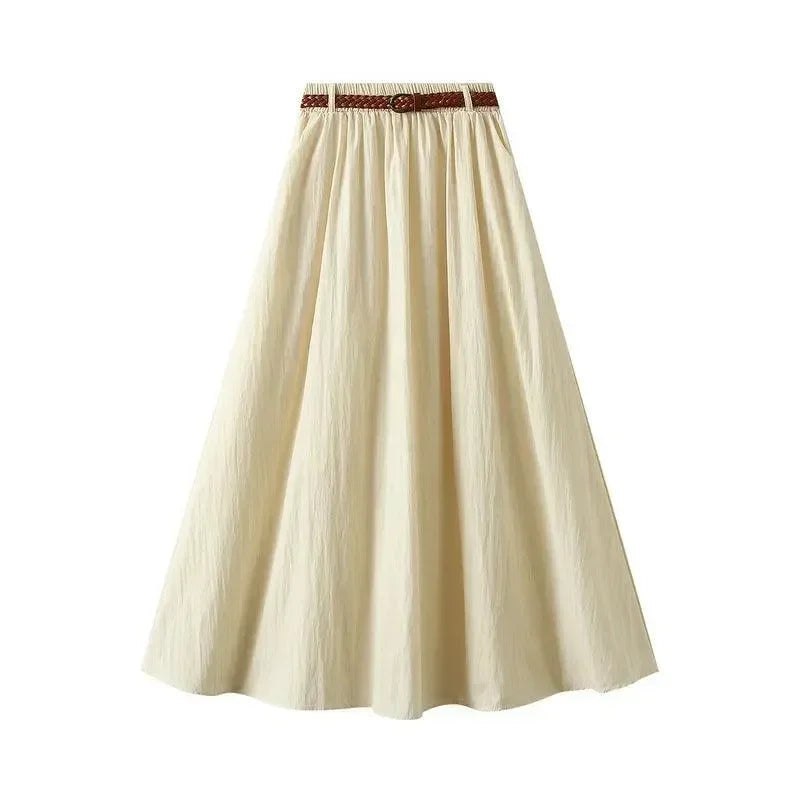 Women A-Line Skirt Minimalist Belt - High Waist Midi Women Skirt