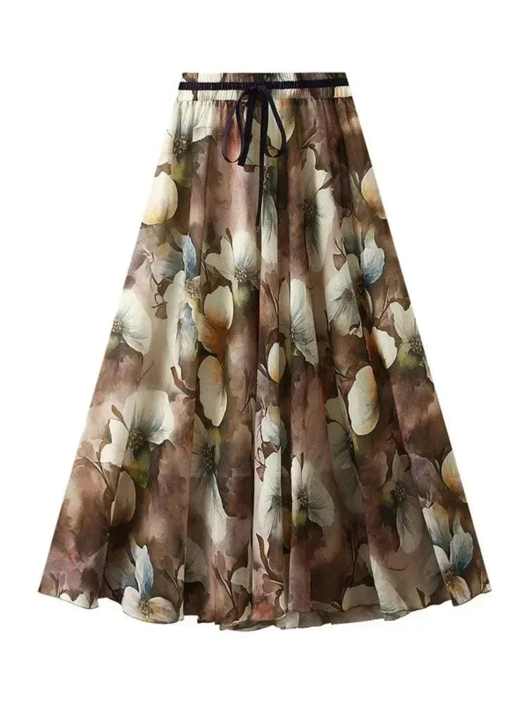 Women A-Line Skirt Print Lace-Up - Elastic Midi Women Skirt