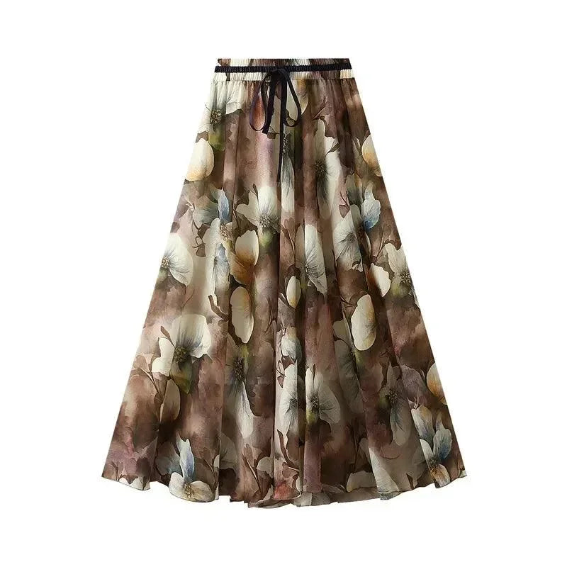 Women A-Line Skirt Print Lace-Up - Elastic Midi Women Skirt
