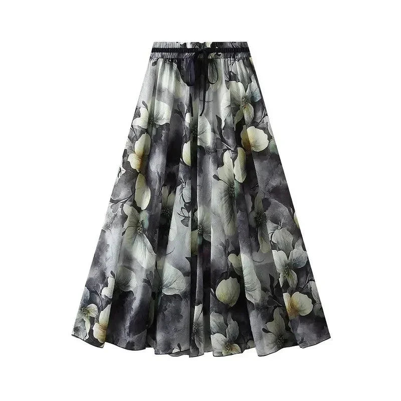 Women A-Line Skirt Print Lace-Up - Elastic Midi Women Skirt