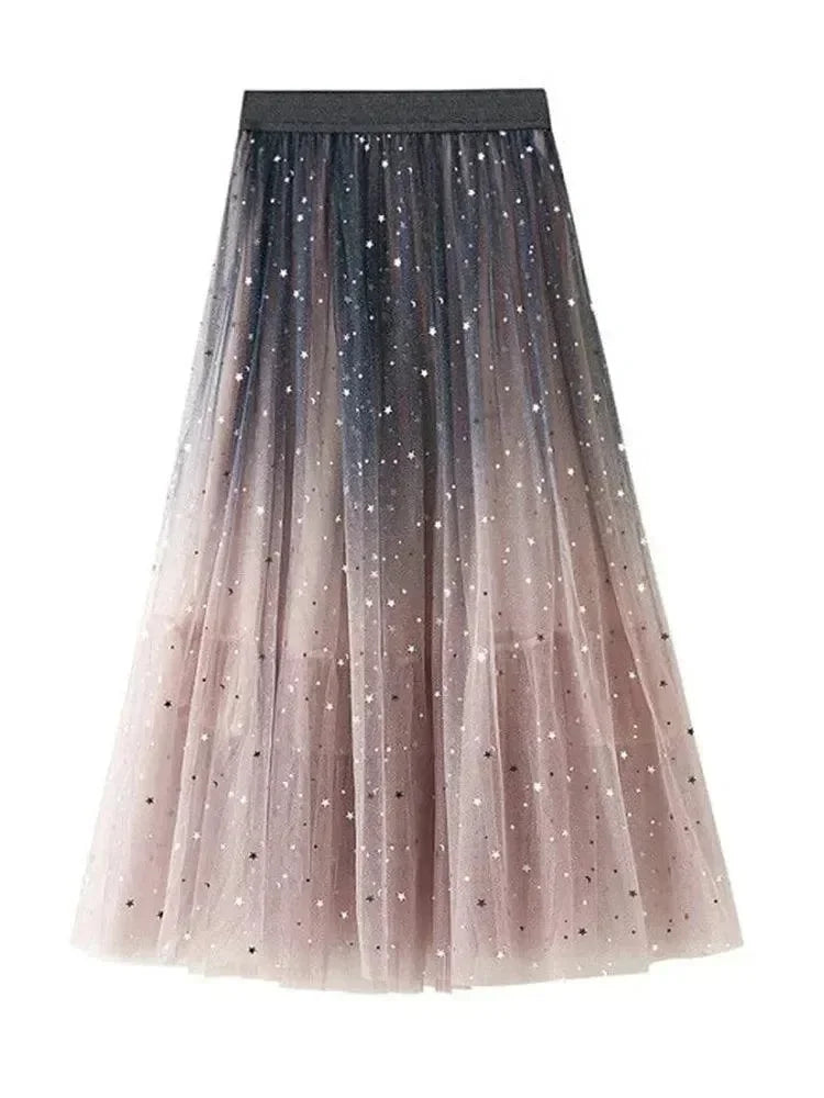 Women A-Line Skirt Sequin Tulle Gradient - High Waist Midi Women Skirt