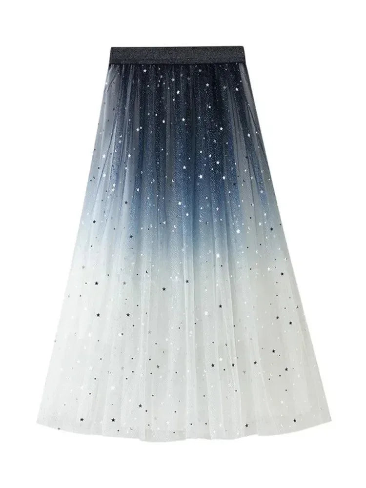 Women A-Line Skirt Sequin Tulle Gradient - High Waist Midi Women Skirt