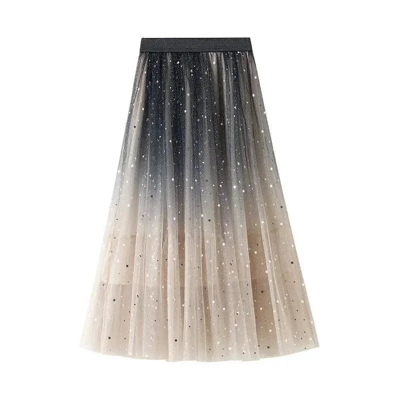 Women A-Line Skirt Sequin Tulle Gradient - High Waist Midi Women Skirt