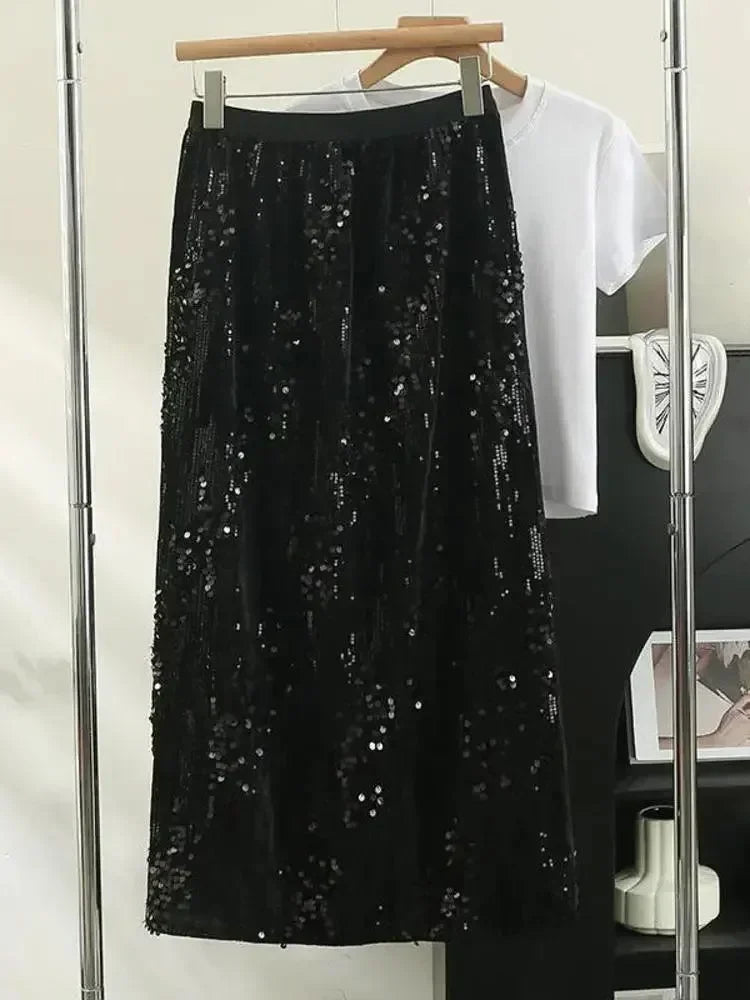 Women A-Line Skirt Sequined High Waist - Midi Women Skirt