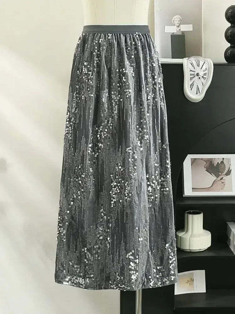 Women A-Line Skirt Sequined High Waist - Midi Women Skirt