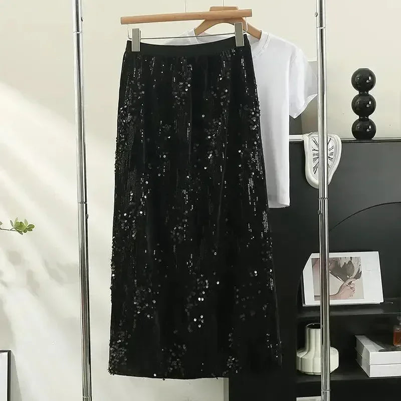 Women A-Line Skirt Sequined High Waist - Midi Women Skirt