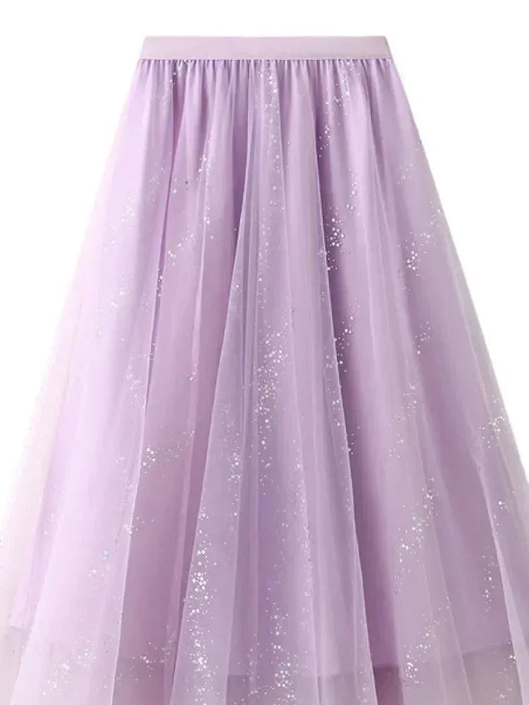 Women A-Line Skirt Sparkling Yarn - High Waist Midi Women Skirt