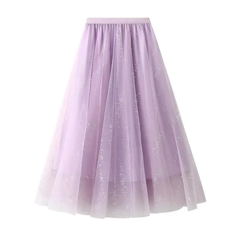 Women A-Line Skirt Sparkling Yarn - High Waist Midi Women Skirt