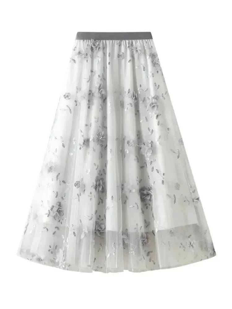 Women A-Line Skirt Vintage Embroidered - Mesh Midi Women Skirt