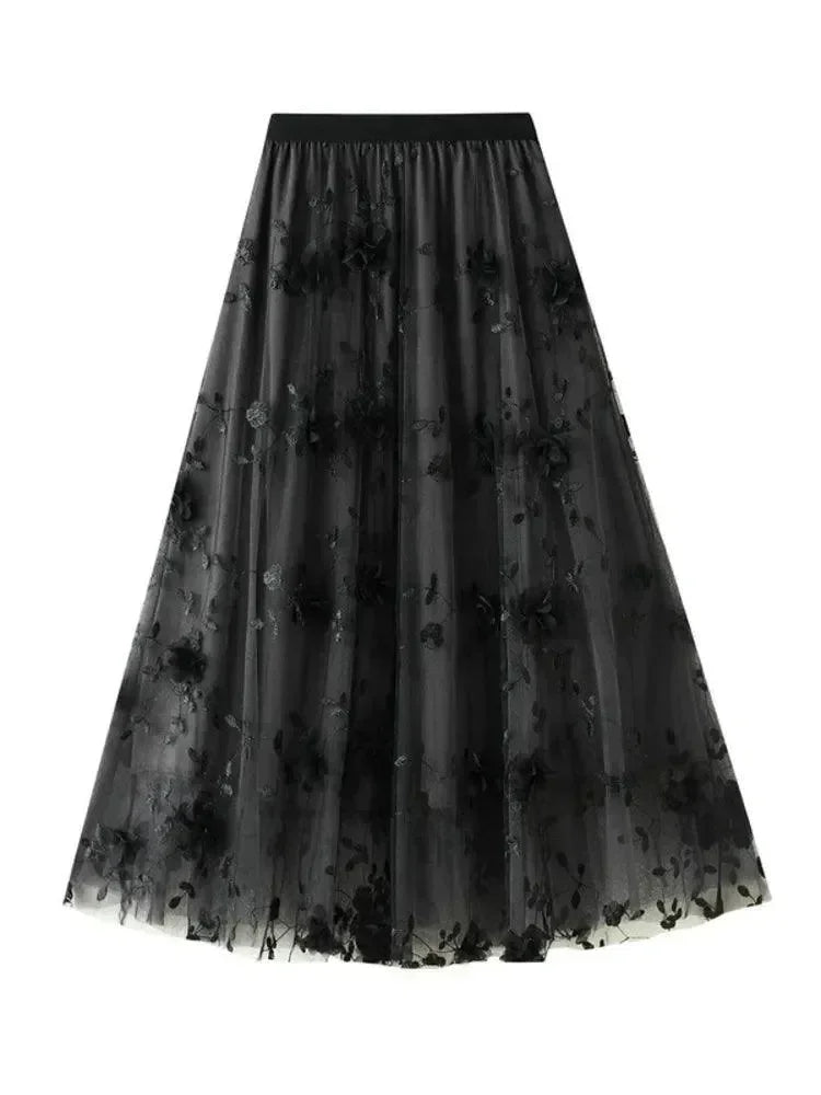 Women A-Line Skirt Vintage Embroidered - Mesh Midi Women Skirt