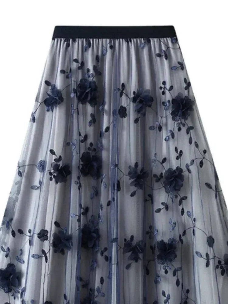 Women A-Line Skirt Vintage Embroidered - Mesh Midi Women Skirt