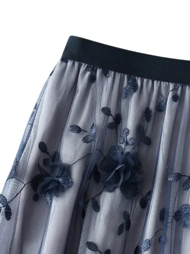 Women A-Line Skirt Vintage Embroidered - Mesh Midi Women Skirt