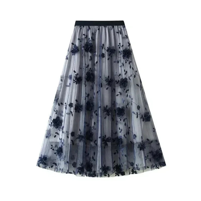 Women A-Line Skirt Vintage Embroidered - Mesh Midi Women Skirt