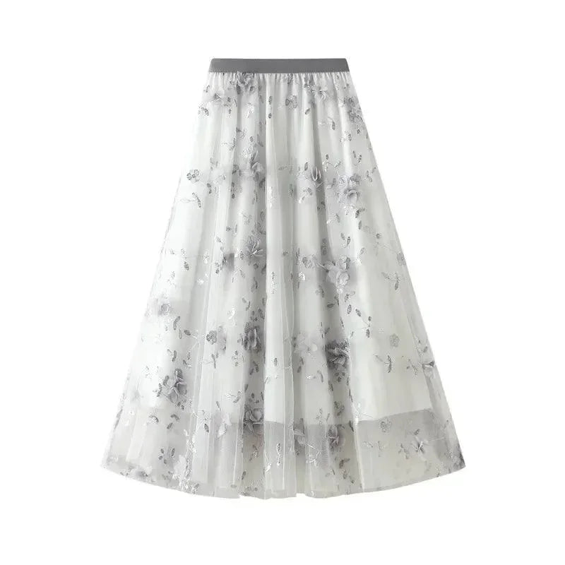 Women A-Line Skirt Vintage Embroidered - Mesh Midi Women Skirt