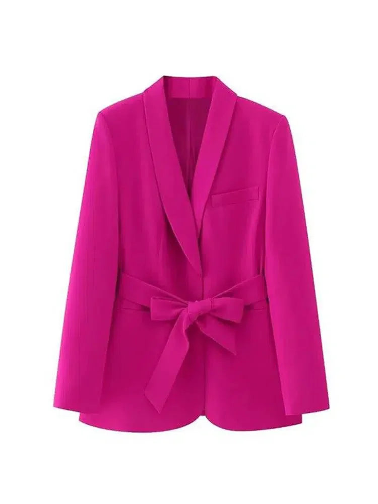 Women Blazer - Lightweight - Beltted, Tie, Wrap - Pink, Rose Red -Guocali