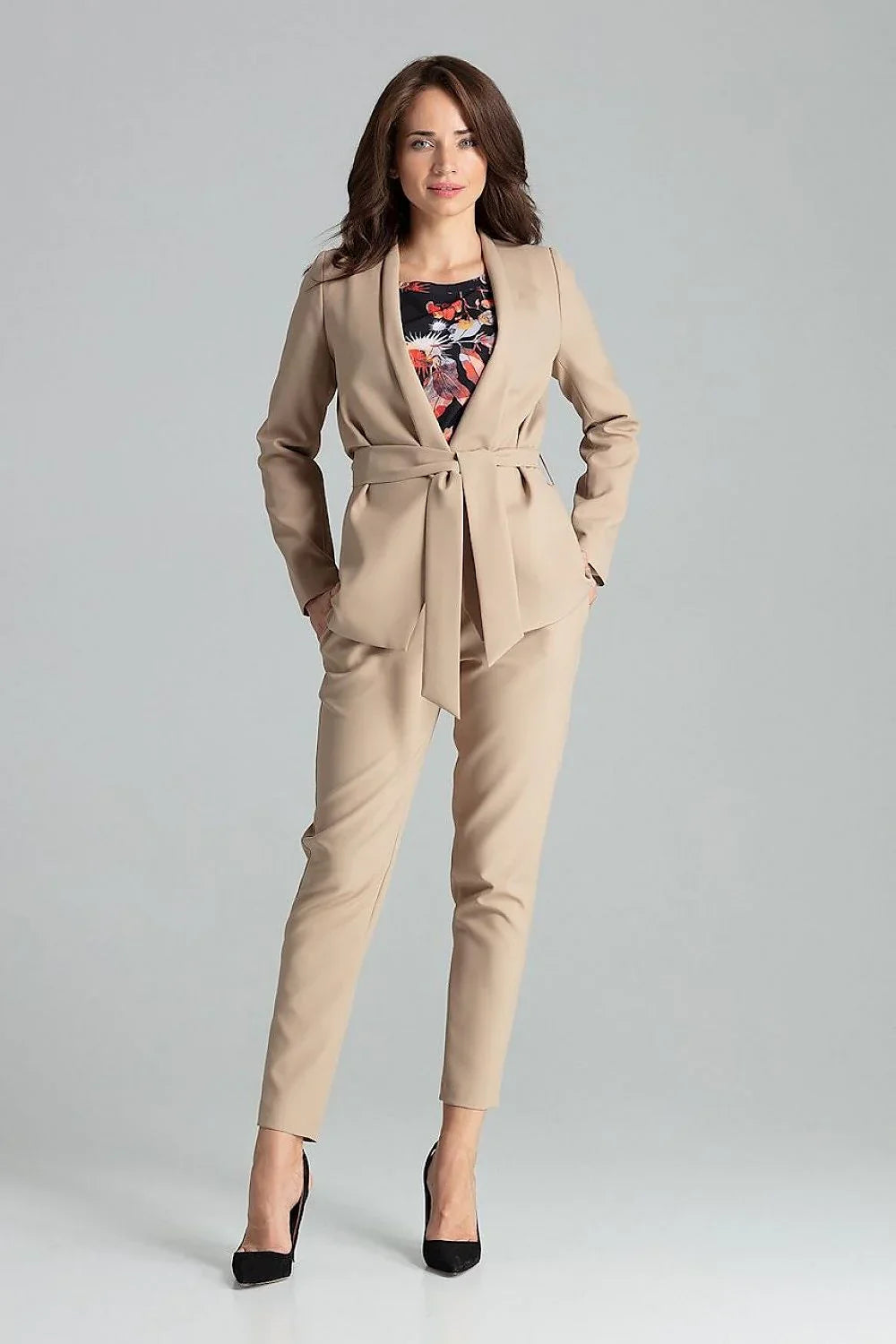 Women Blazer - Lightweight - Tie, Wrap - Beige -Guocali