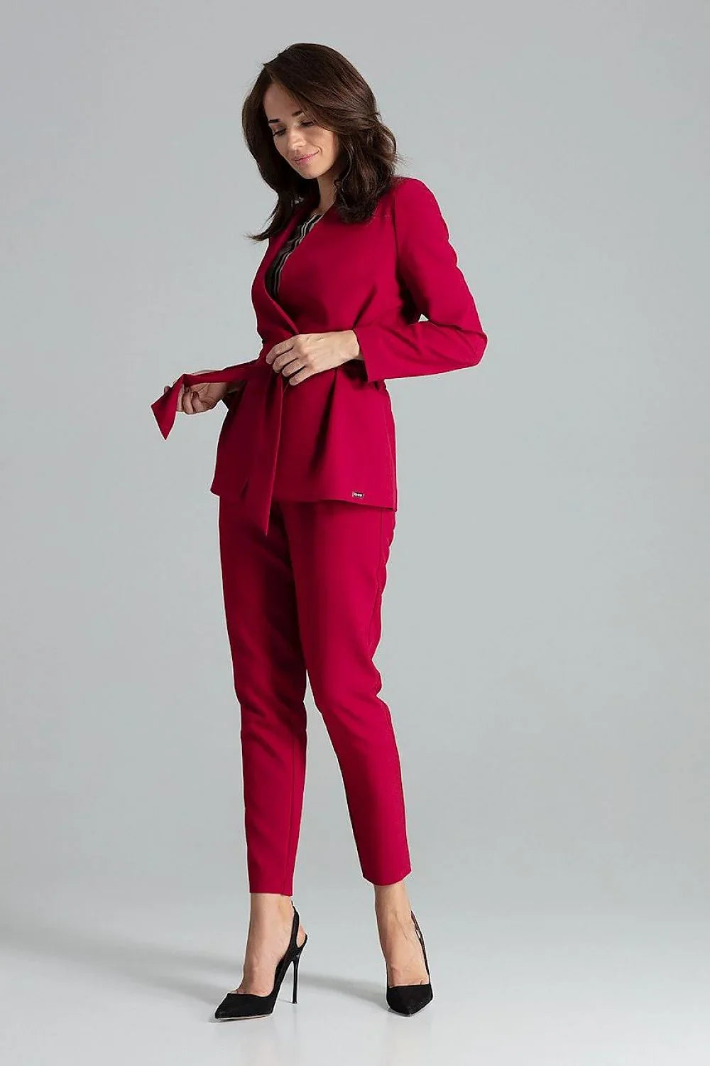 Women Blazer - Lightweight - Tie Wrap Belted - Red -Guocali