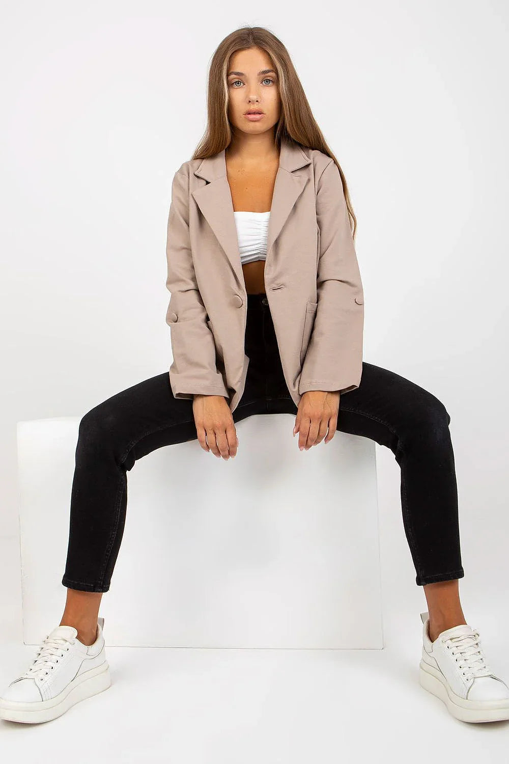 Women Blazer - Stretchable - Button - Beige -Guocali