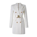 Women Blazer - Structured - Double-Breasted, Belted - White -Guocali