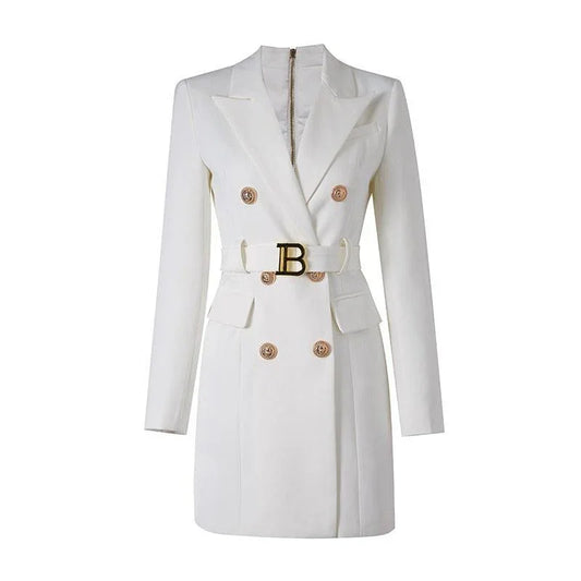 Women Blazer - Structured - Double-Breasted, Belted - White -Guocali