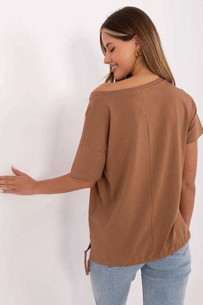 Women Boat-Neck Short-Sleeves T-Shirt – Stretchable - Brown -Guocali