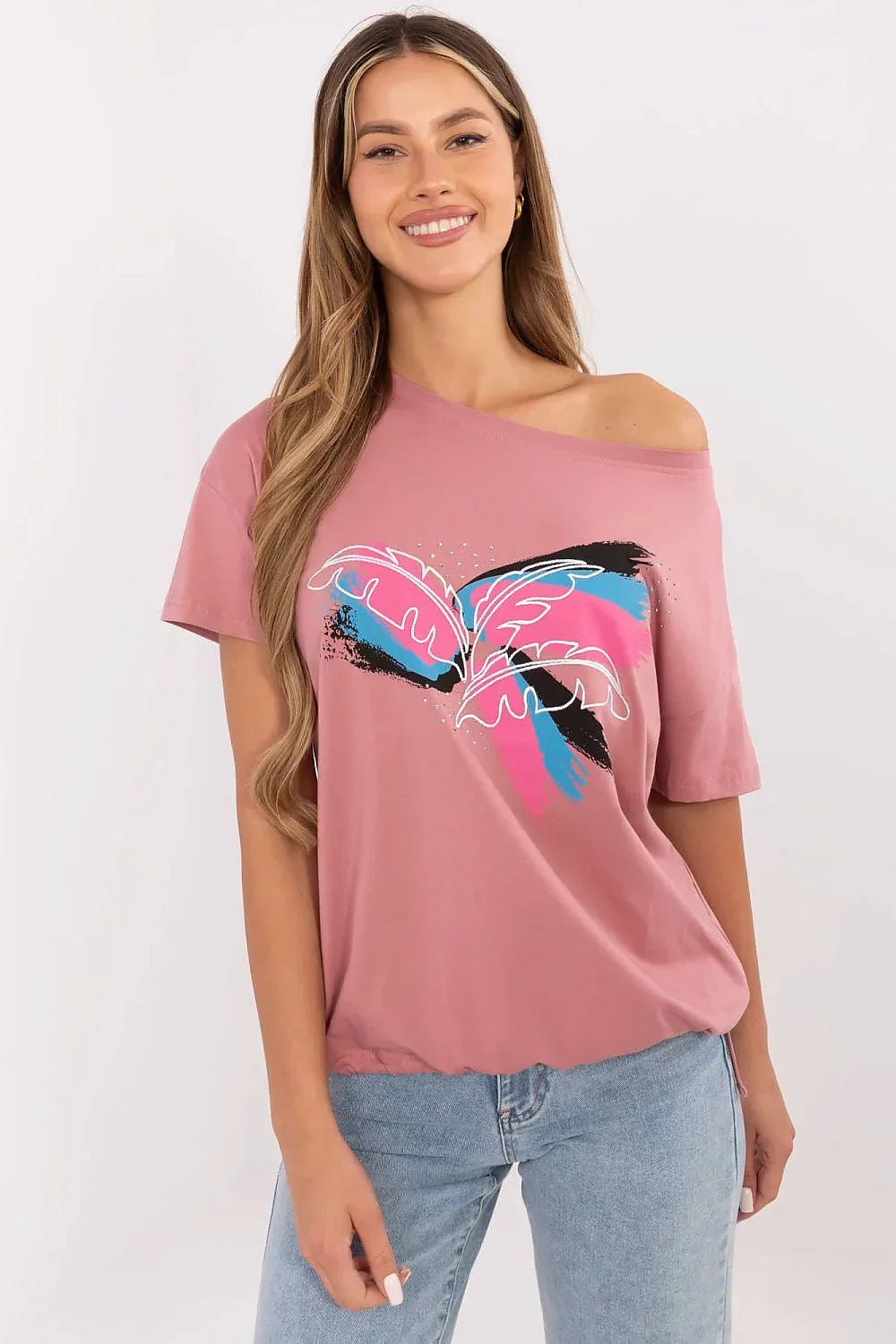 Women Boat-Neck Short-Sleeves T-Shirt – Stretchable - Pink -Guocali