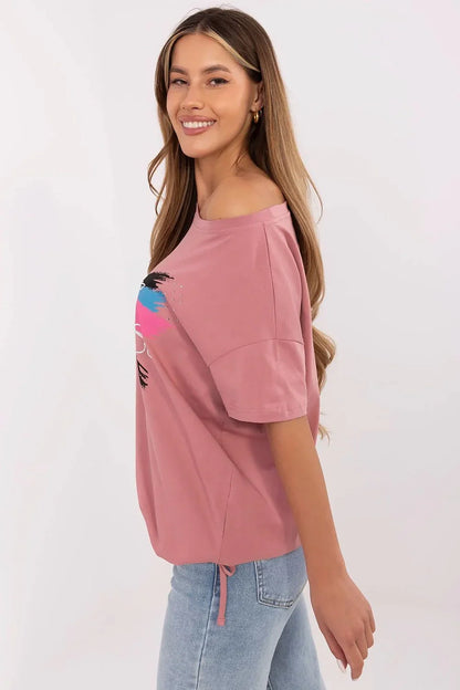 Women Boat-Neck Short-Sleeves T-Shirt – Stretchable - Pink -Guocali