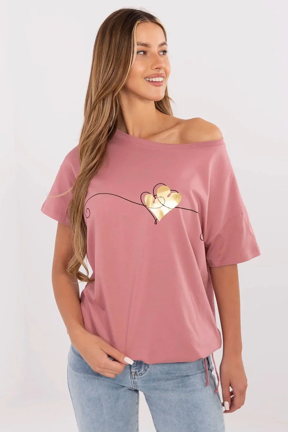 Women Boat-Neck Short-Sleeves T-Shirt – Stretchable - Pink, Gold -Guocali