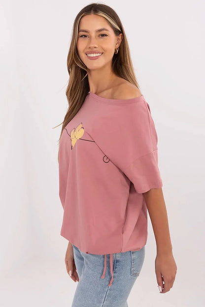 Women Boat-Neck Short-Sleeves T-Shirt – Stretchable - Pink, Gold -Guocali