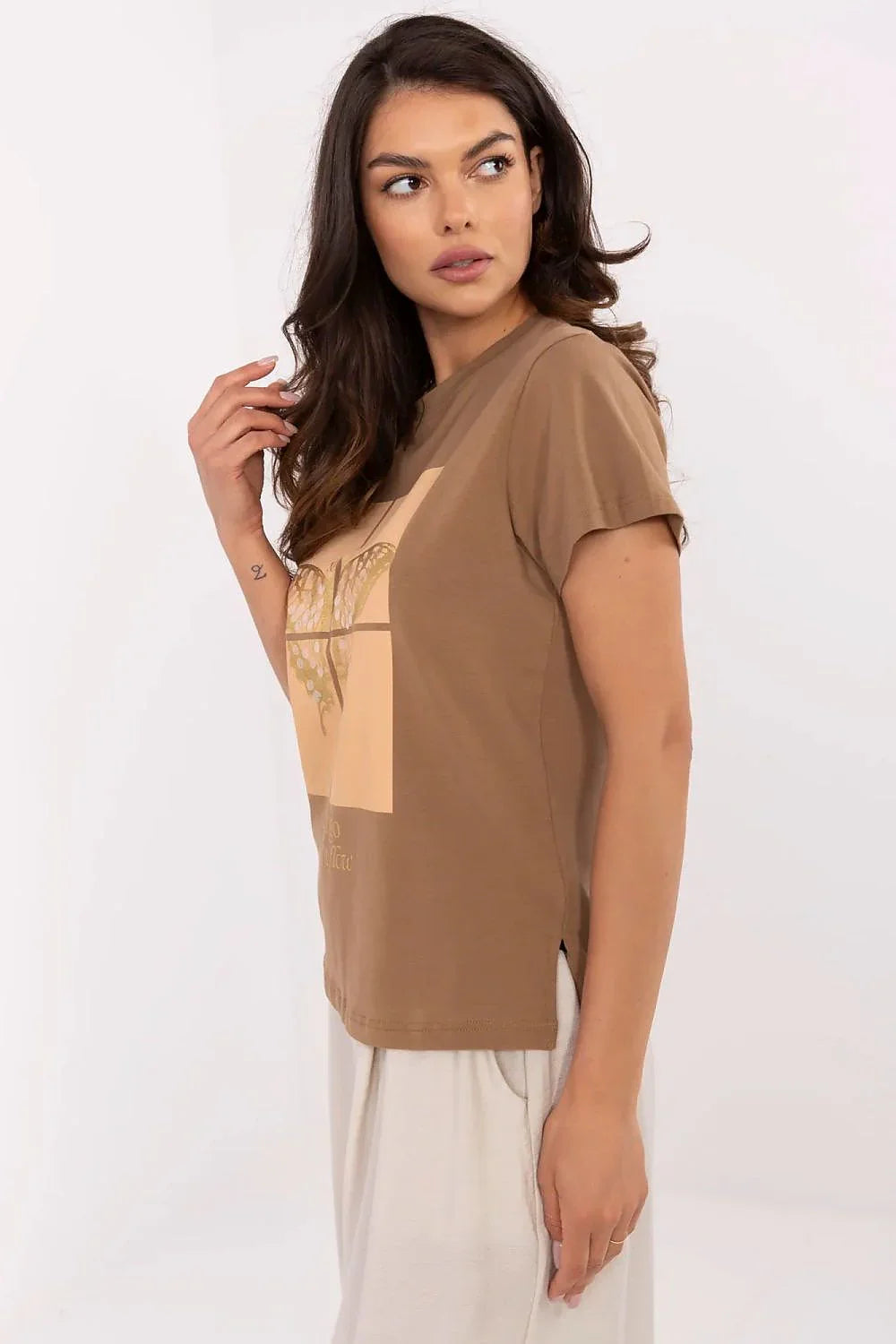 Women Crew-Neck Short-Sleeves T-Shirt – Stretchable, Gold, Beige, Multicolor